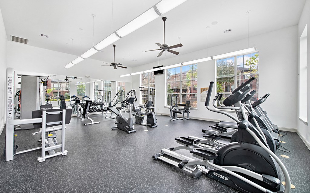 a gym with treadmills and other exercise equipment and windows