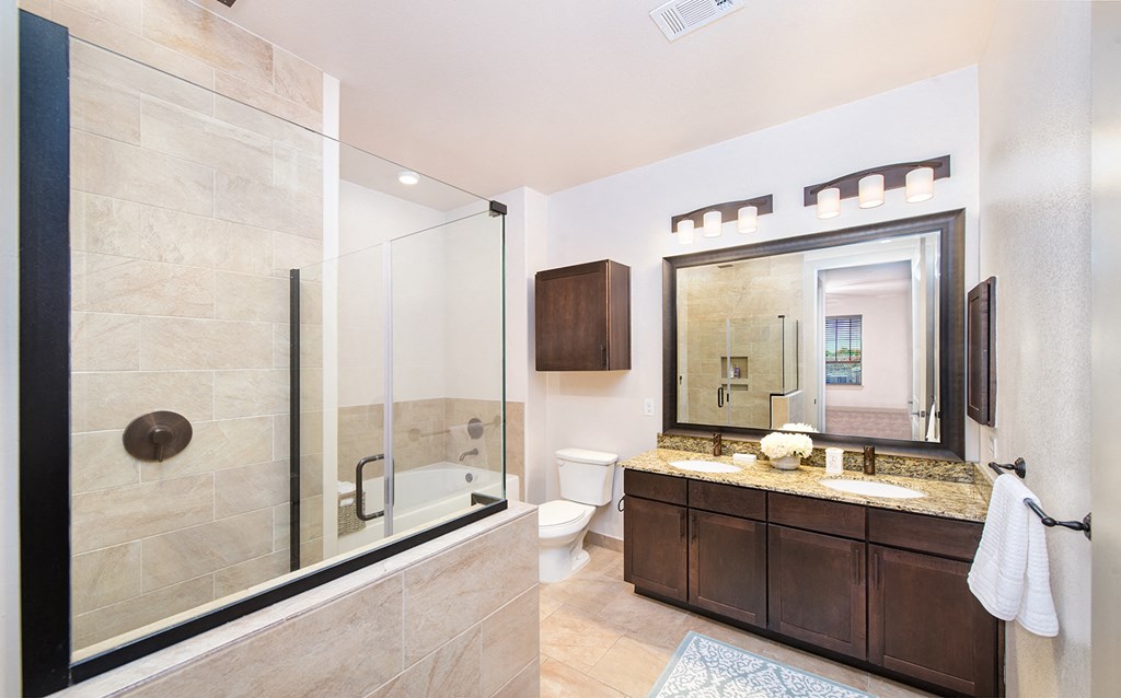 a bathroom with a shower and a sink and a mirror