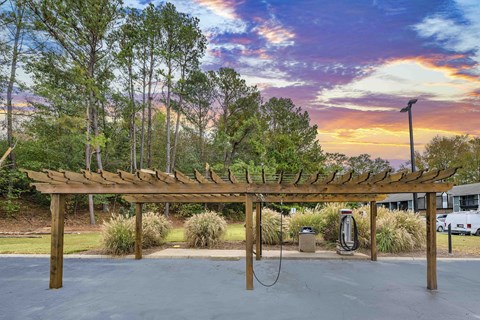 A wooden pergola is in the middle of a paved area with trees in the background.