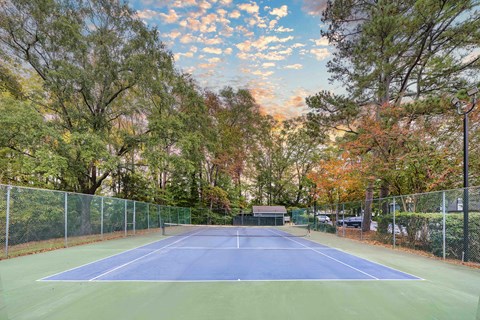 A tennis court surrounded by trees and a fence.