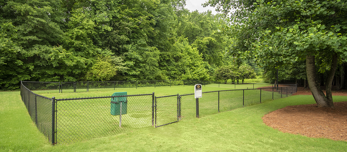 a fenced in dog park with trees