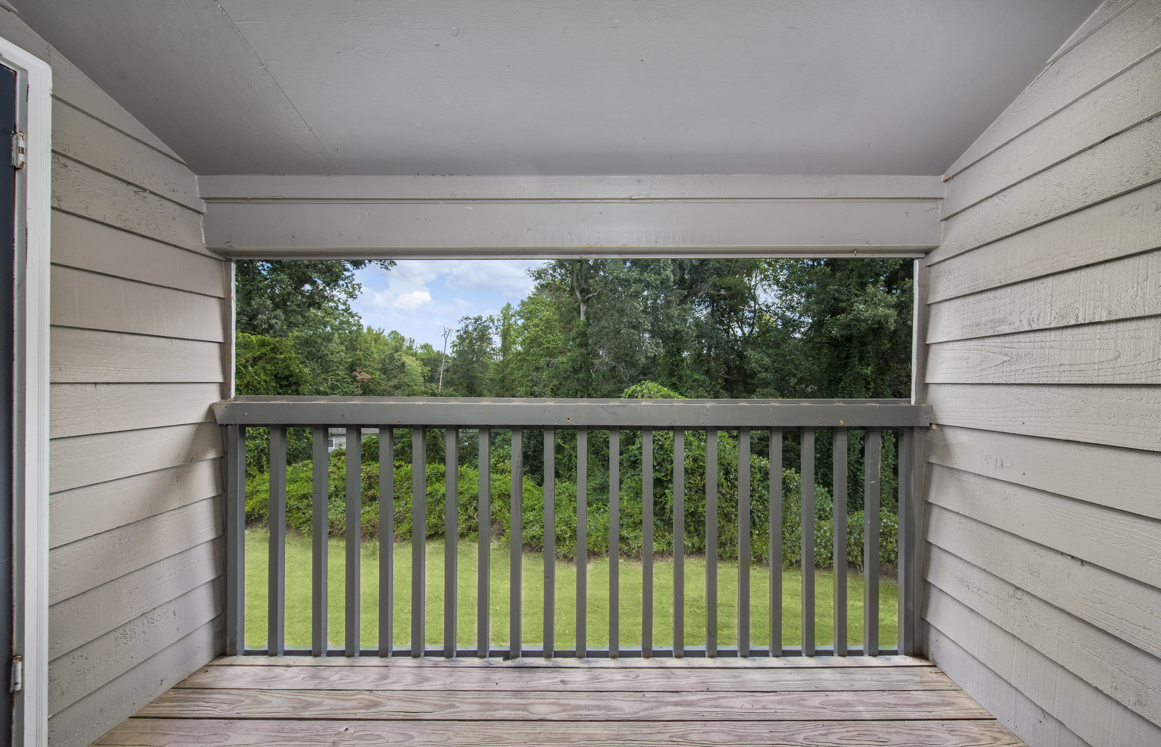 the screened porch has a view of the yard and the woods
