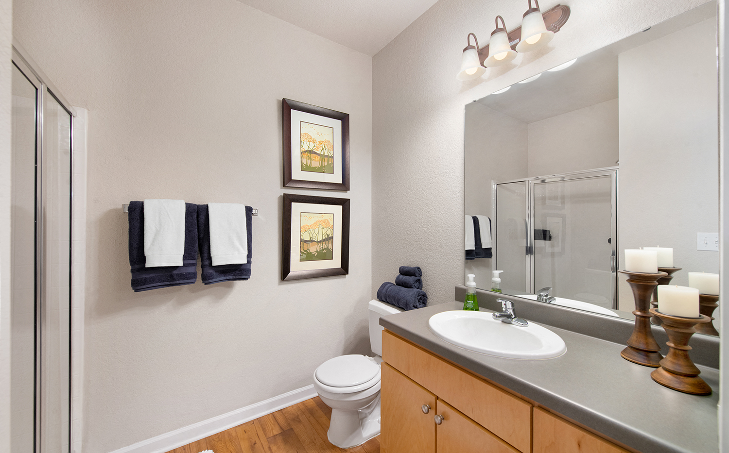 a bathroom with a sink toilet and mirror and a shower
