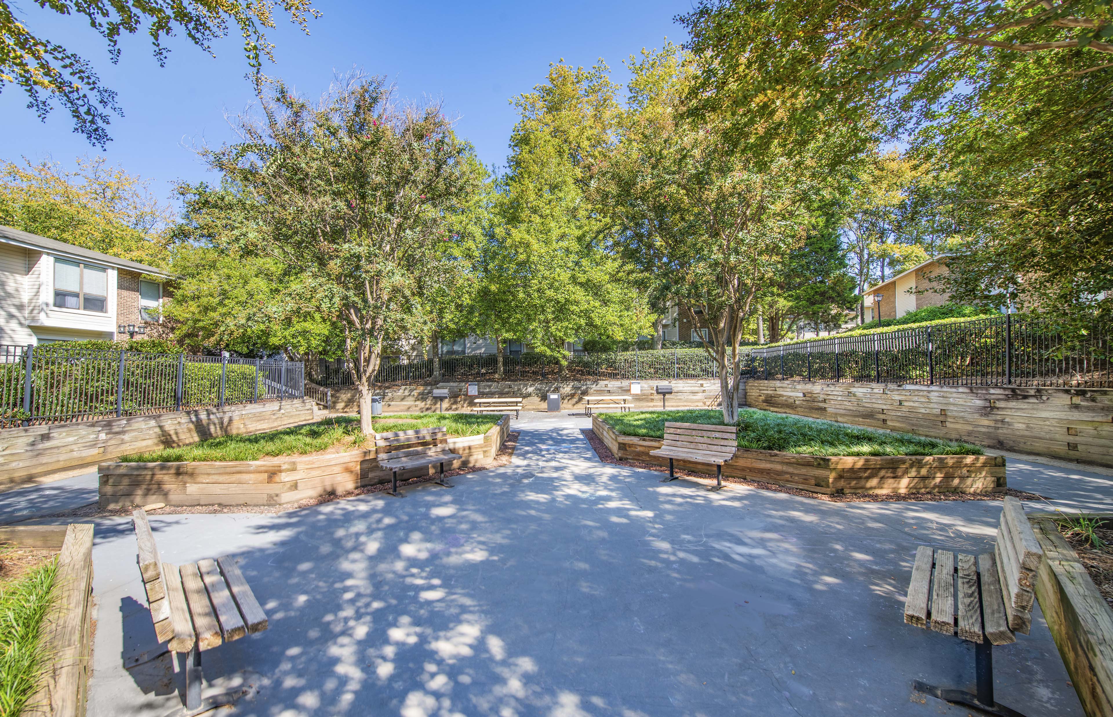 a park with benches and trees in a courtyard