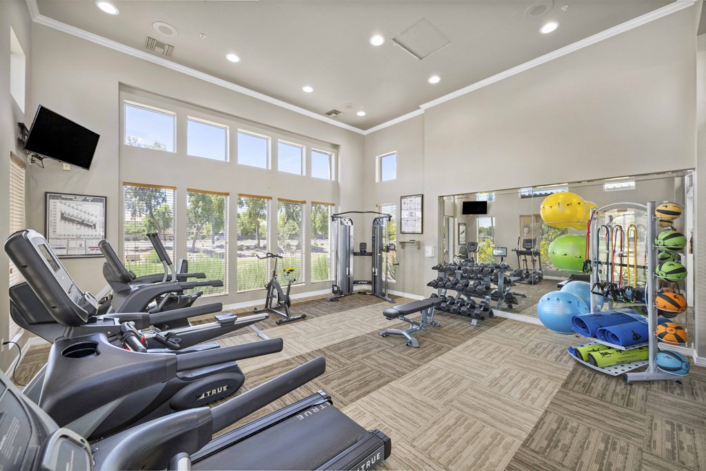the preserve at ballantyne commons fitness center with weights and cardio machines and windows