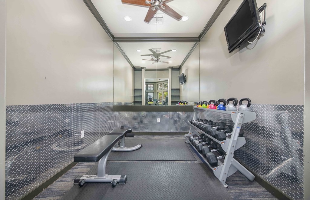 the gym is equipped with weights and a tv