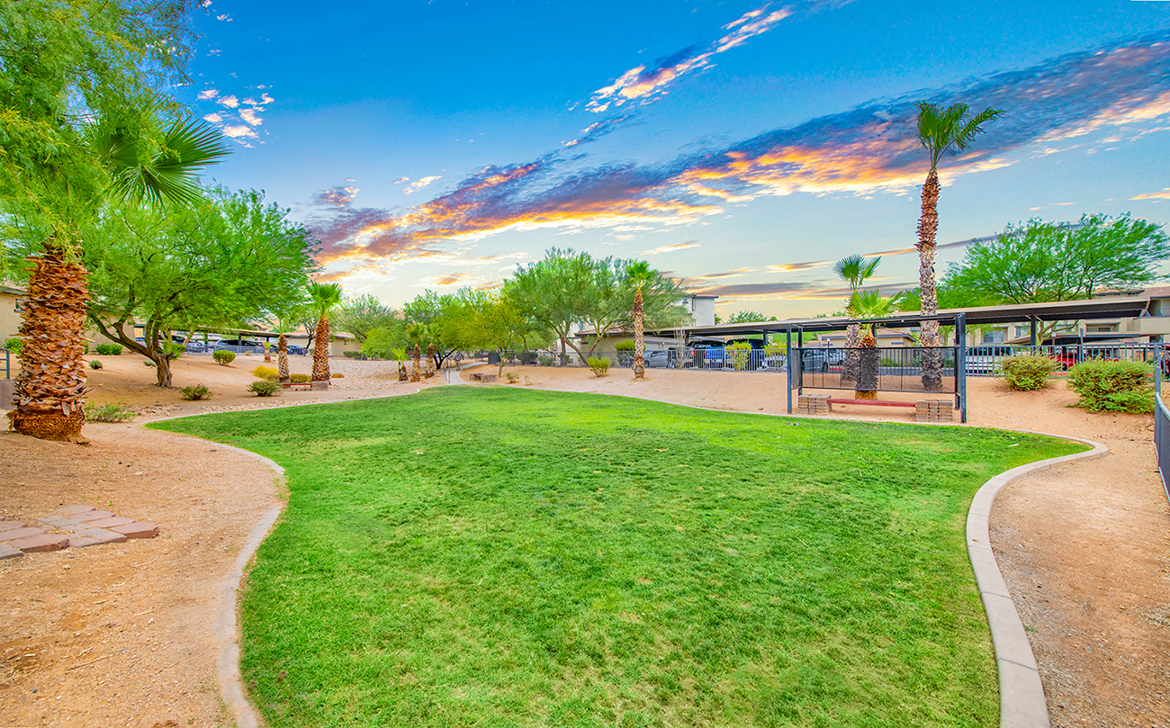 a park with grass and trees and a playground