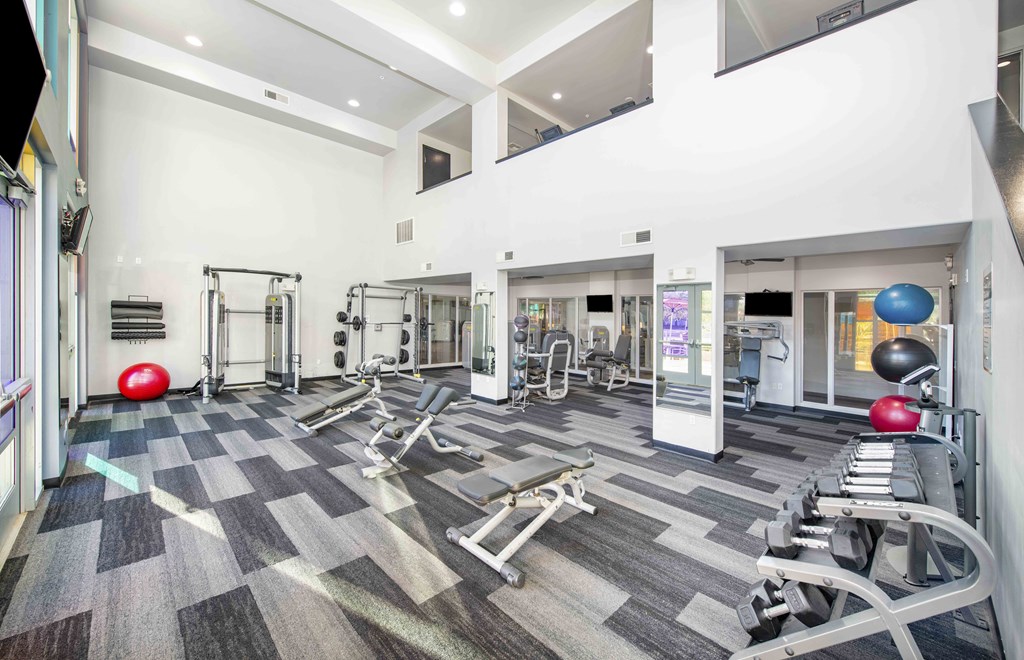a gym with cardio equipment and weights on a checkered floor