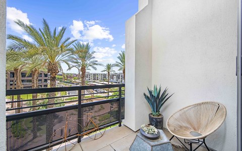 A balcony with a chair and a plant on it.