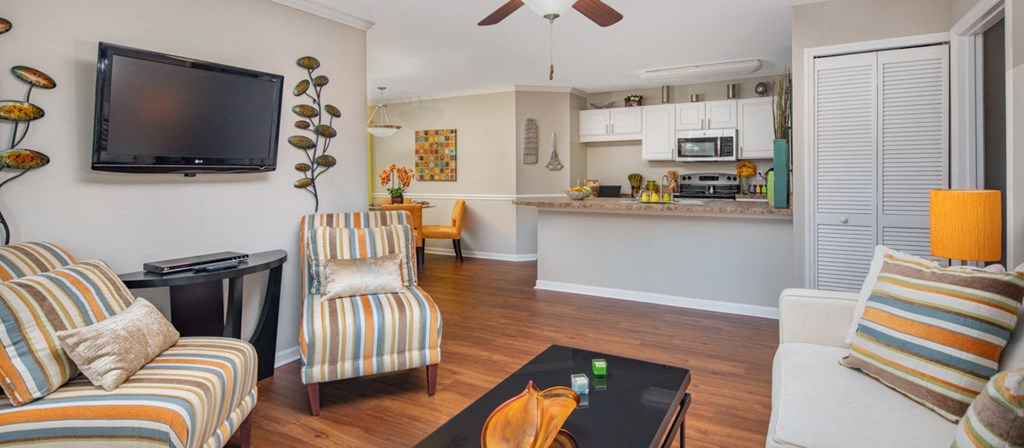a living room with a tv and a kitchen in the background