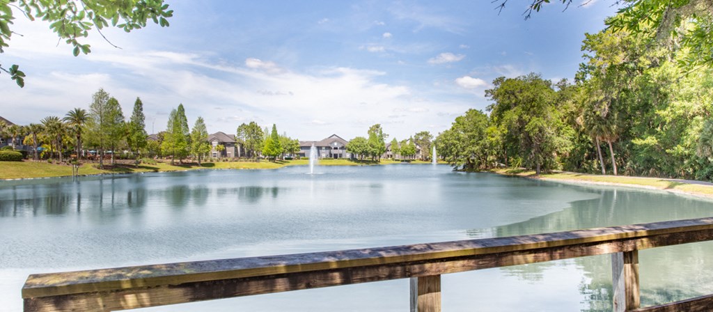 a view of a lake with trees and a fountain