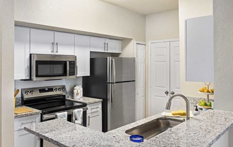A kitchen with a granite countertop and stainless steel appliances.
