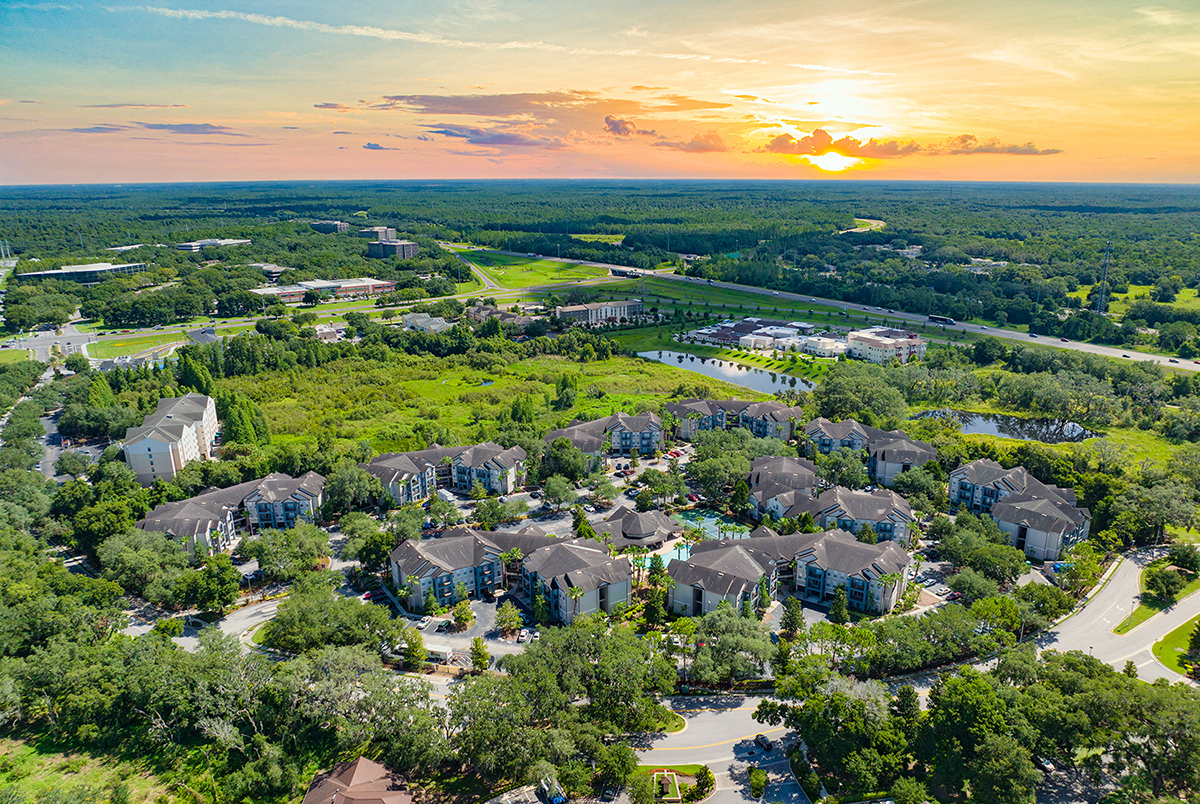 an aerial view of a neighborhood with houses and trees at sunset