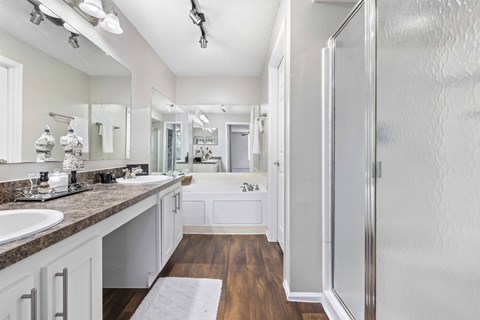 A bathroom with a sink, mirror, and a shower.