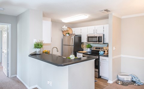 a kitchen with stainless steel appliances and a black counter top