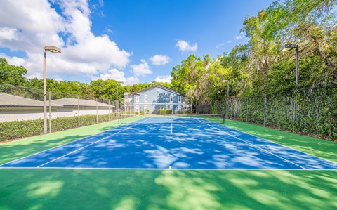 a tennis court with a house and trees in the background
