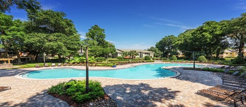 a swimming pool with trees and a resort style pool