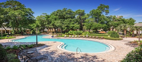 a resort style swimming pool with trees in the background