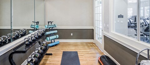 the gym is equipped with weights and cardio equipment