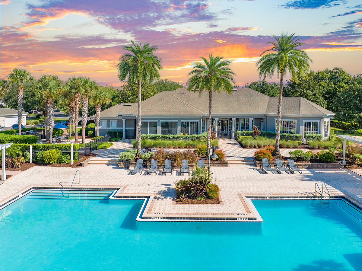 a pool with chairs and a house with palm trees