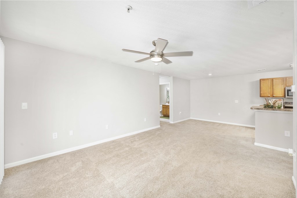 A room with a ceiling fan and carpeted floor.