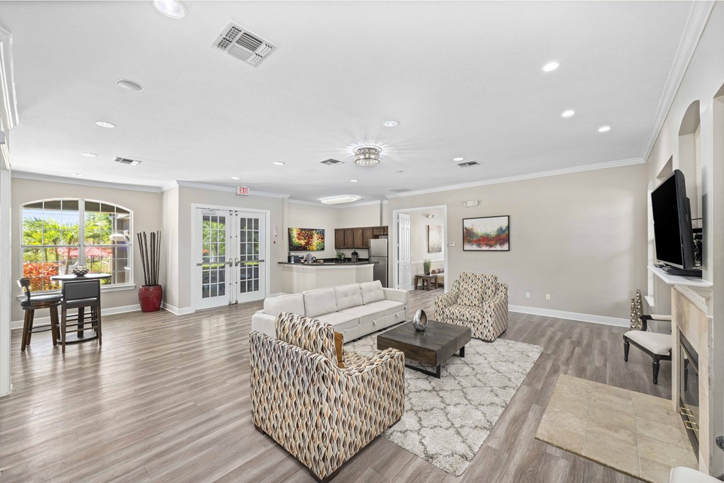 a living room with a couch and a table