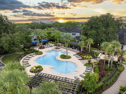 an aerial view of a resort pool with palm trees