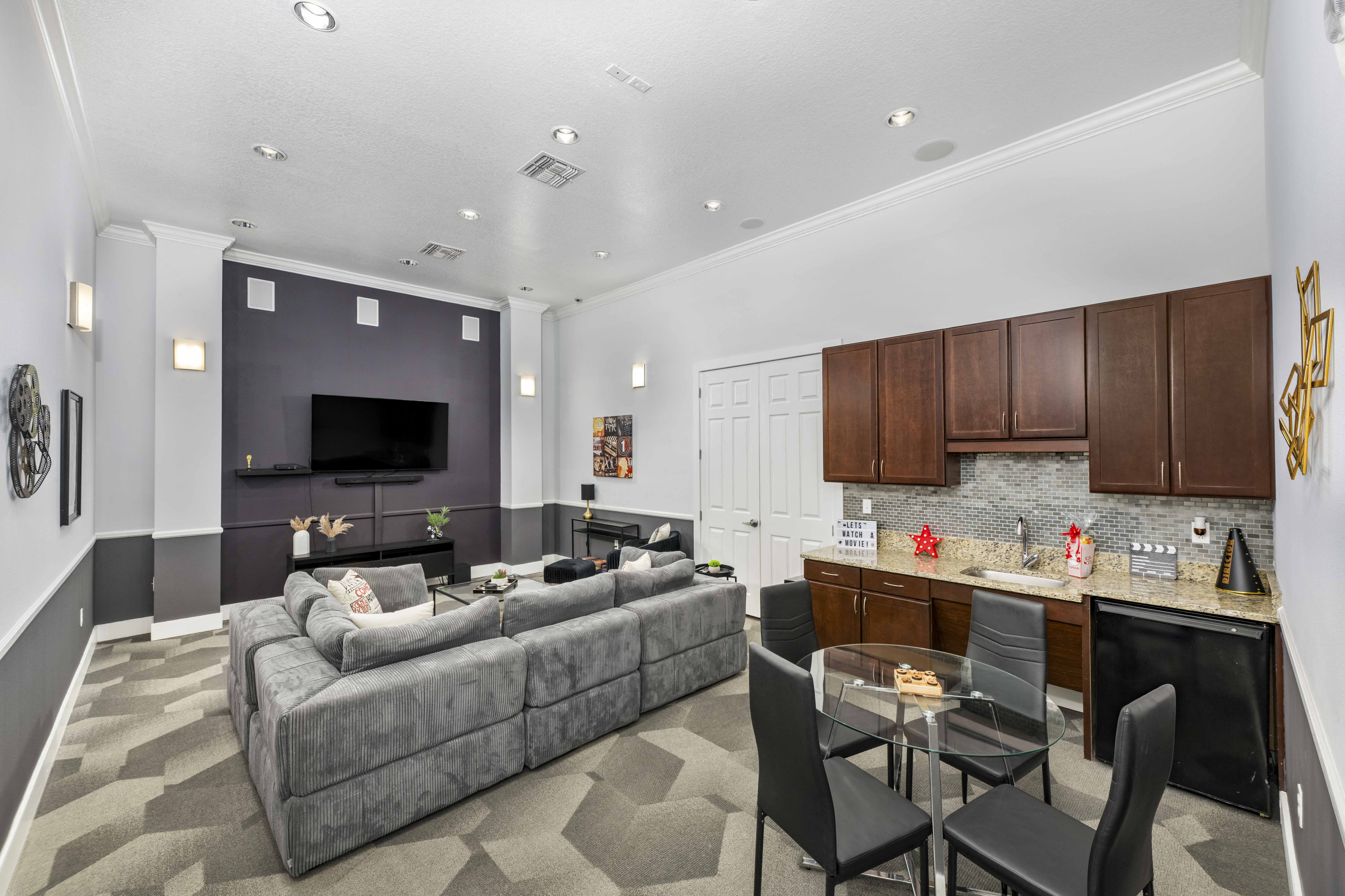 a living room with a couch and a table