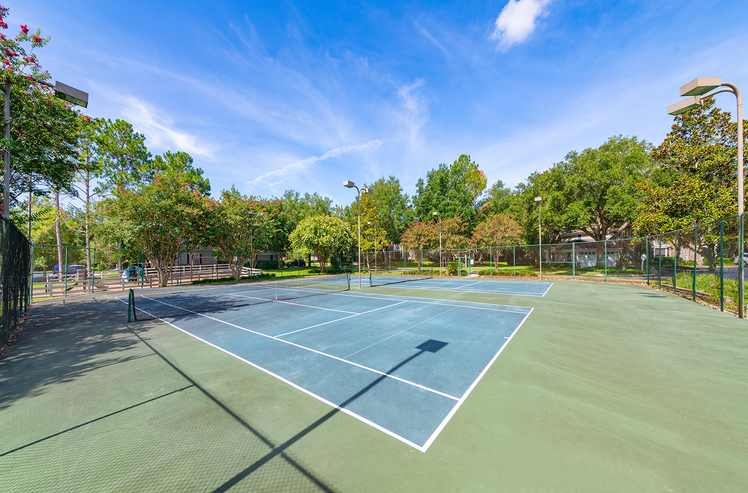 a tennis court with trees and a blue sky in the background