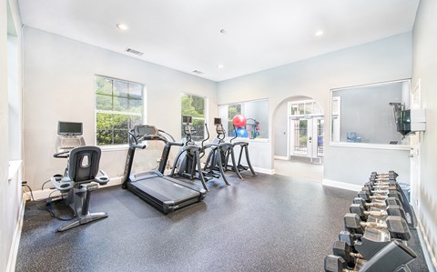 the gym with cardio equipment and weights on the floor
