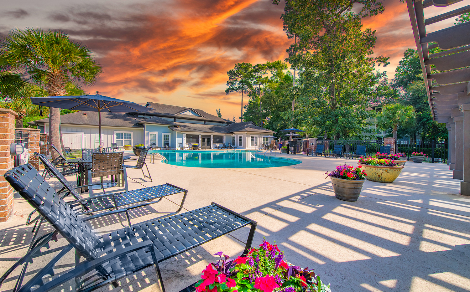 a swimming pool with benches and umbrellas and a patio with chairs and plants