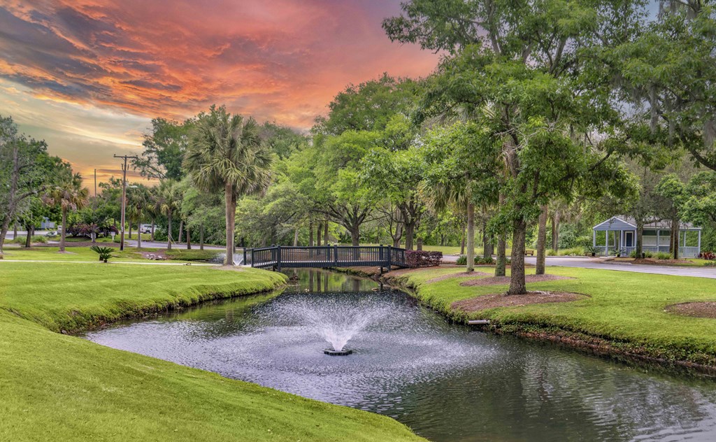 a fountain in the middle of a pond in a park