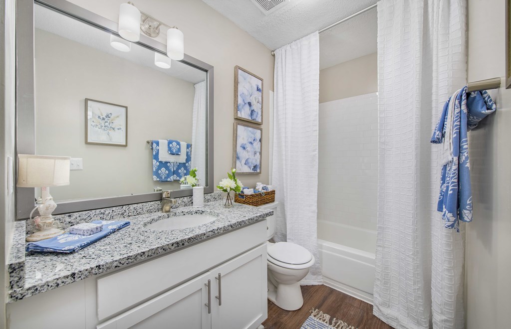 A bathroom with a toilet, sink, and mirror.