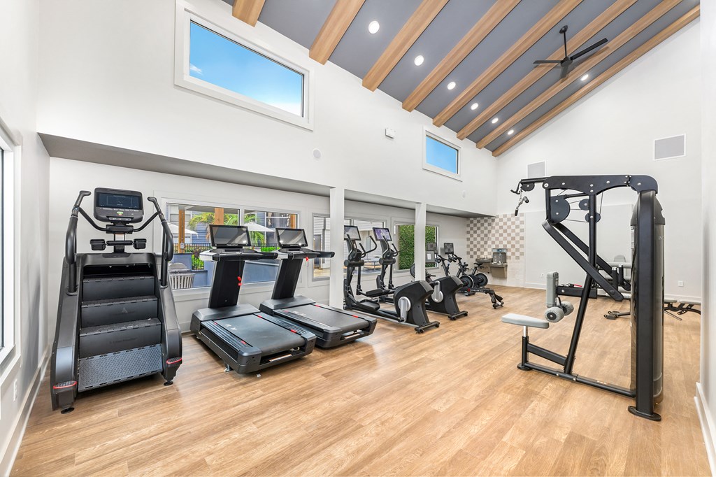 A spacious home gym with a variety of equipment including treadmills, elliptical machines, and a weight rack.