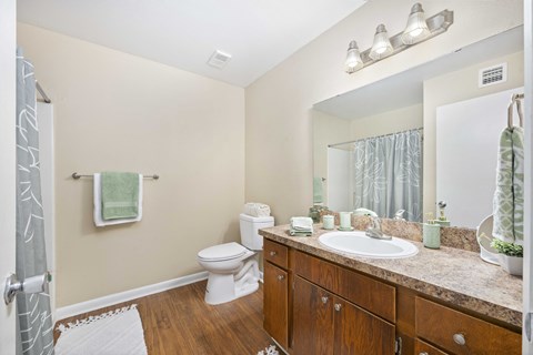 A bathroom with a toilet, sink, and mirror.