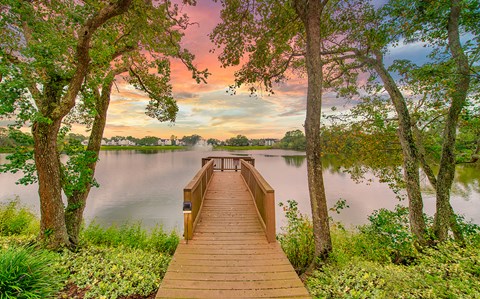 a dock on a lake with trees