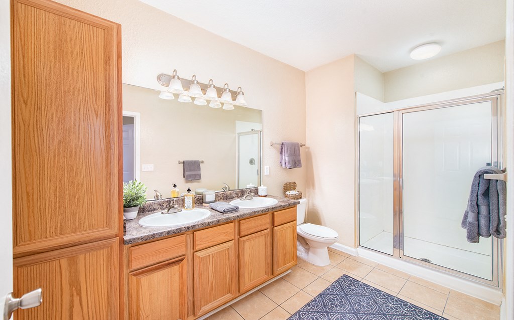 a bathroom with a shower sink and toilet and a mirror