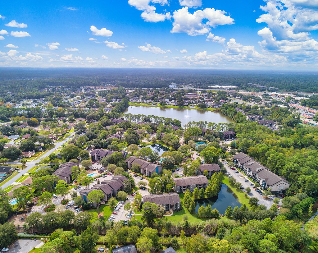 an aerial view of a neighborhood with trees and a lake