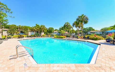 a swimming pool with palm trees and buildings in the background