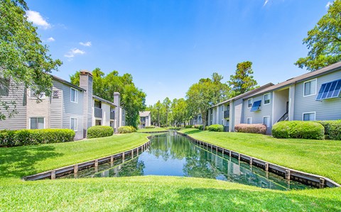 a pond in the middle of a grassy area between houses