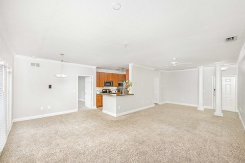 an empty living room with carpet and a kitchen