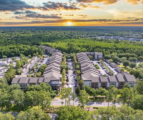 an aerial view of a city with houses and trees