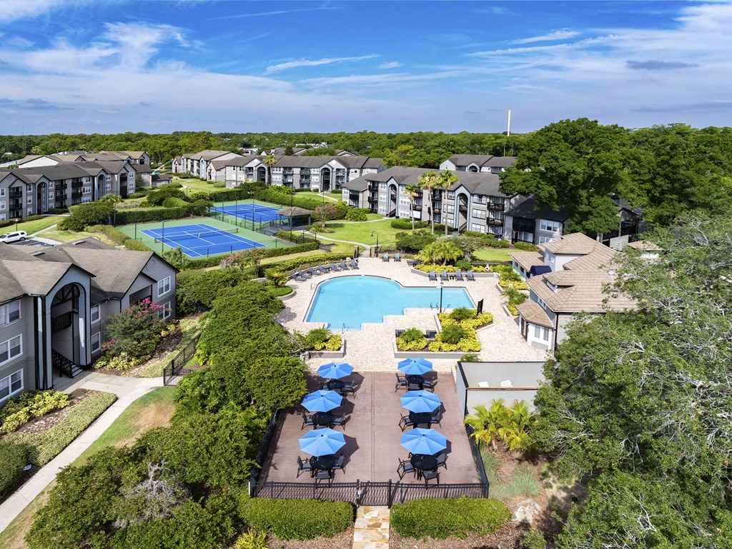 an aerial view of a resort style pool with umbrellas