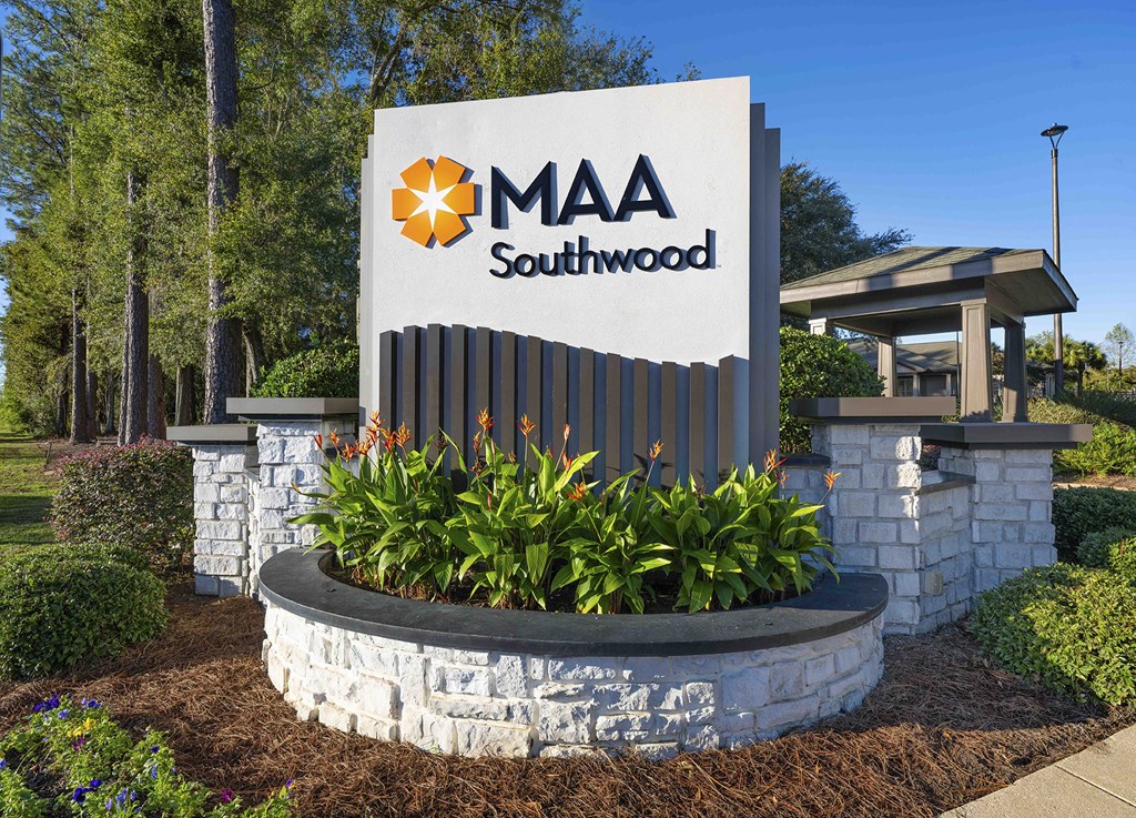 A sign for MAA Southwood with a landscaped area in front.
