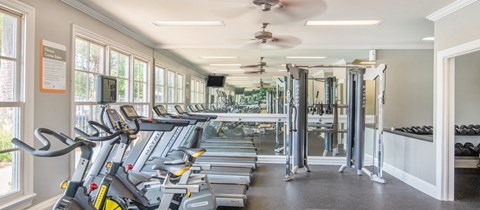 a cardio room with cardio equipment and windows in a gym