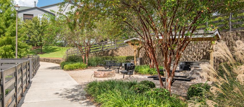 a sidewalk leading to a park with benches and trees