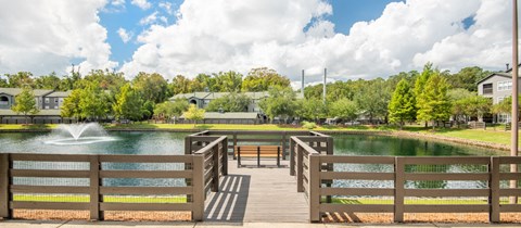 a view of a pond with a wooden dock and a fountain