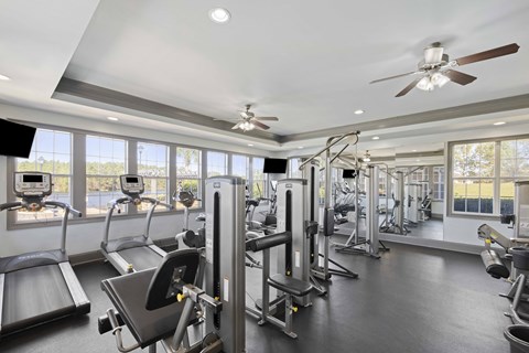 A spacious gym with treadmills, weight machines, and a ceiling fan.