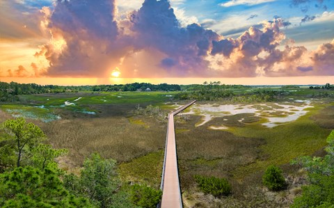 a boardwalk over a marsh with a sunset in the sky