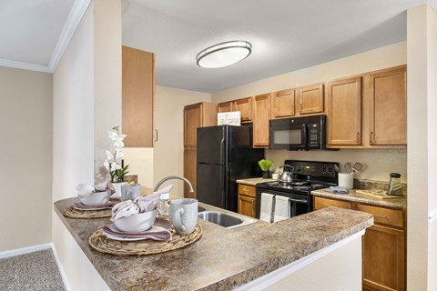 A kitchen with a black refrigerator and wooden cabinets.